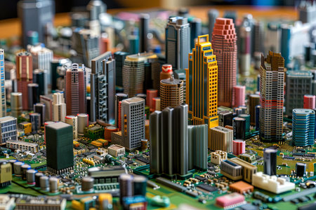 motherboard components in 3D to create a cityscape. Different components on the board can become buildings, roads, or bridges.の素材