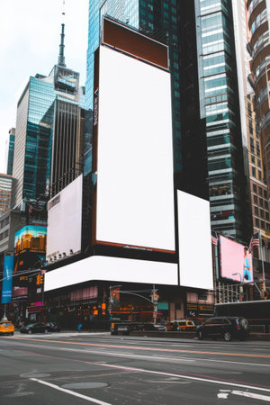 city street poster layout, billboard, banner with blank screen on building facade. Advertising conceptの素材