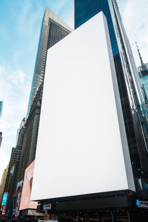city street poster layout, billboard, banner with blank screen on building facade. Advertising conceptの素材