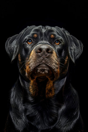 Black dog on dark background with bright color eyes.Animal beauty conceptの素材