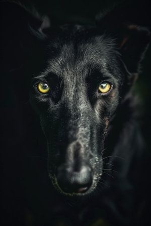 Black dog on dark background with bright color eyes.Animal beauty conceptの素材