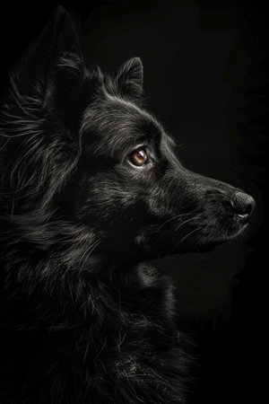 Black dog on dark background with bright color eyes.Animal beauty conceptの素材