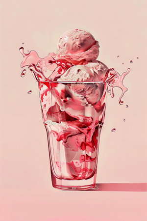 Background of glass of creamy peach ice cream, with ice cream balls on the cream romantic style illustration. Digital artの素材