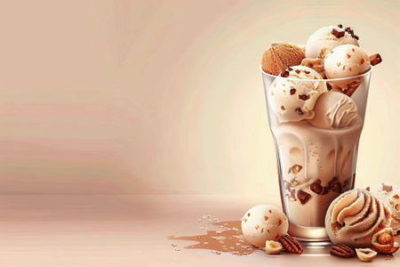 Background of glass of creamy peach ice cream, with ice cream balls on the cream romantic style illustration. Digital artの素材