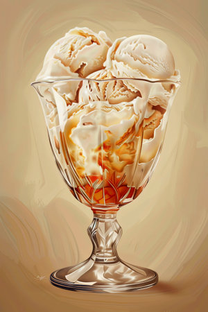 Background of glass of creamy peach ice cream, with ice cream balls on the cream romantic style illustration. Digital artの素材