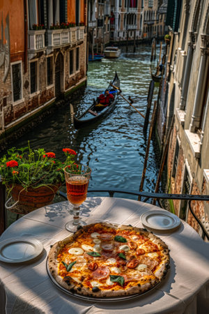 Neapolitan pizza and a glass of wine on a terrace in Venice with views of the canals and gondolas. Typical Italian foodの素材