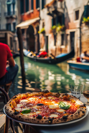 Neapolitan pizza and a glass of wine on a terrace in Venice with views of the canals and gondolas. Typical Italian foodの素材