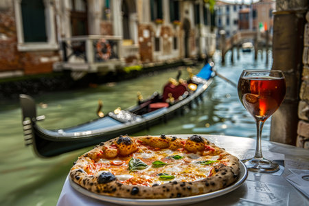Neapolitan pizza and a glass of wine on a terrace in Venice with views of the canals and gondolas. Typical Italian foodの素材
