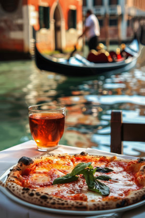 Neapolitan pizza and a glass of wine on a terrace in Venice with views of the canals and gondolas. Typical Italian foodの素材