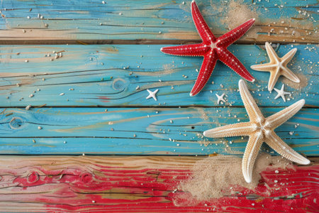 Summer and sea themed flat lay background with shell, sand, fish, starfish and sailor motifs. Vacation concept. Holidaysの素材