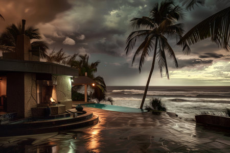 luxury home on a beach and pool in tropical landscapes with designer interiors and recycled furniture.Sustainable luxury architectureの素材