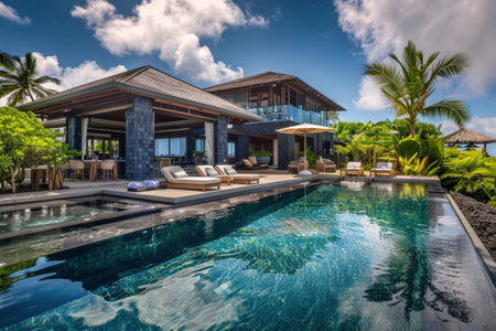 luxury home on a beach and pool in tropical landscapes with designer interiors and recycled furniture.Sustainable luxury architectureの素材