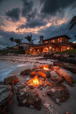 luxury home on a beach and pool in tropical landscapes with designer interiors and recycled furniture.Sustainable luxury architectureの素材