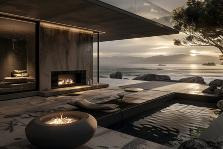 luxury home on a beach and pool in tropical landscapes with designer interiors and recycled furniture.Sustainable luxury architectureの素材