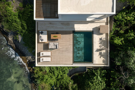 luxury home on a beach and pool in tropical landscapes with designer interiors and recycled furniture.Sustainable luxury architectureの素材