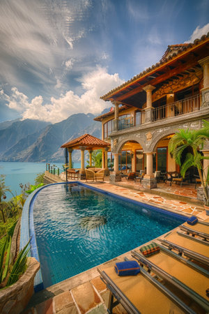 luxury home on a beach and pool in tropical landscapes with designer interiors and recycled furniture.Sustainable luxury architectureの素材