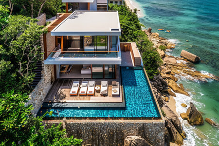 luxury home on a beach and pool in tropical landscapes with designer interiors and recycled furniture.Sustainable luxury architectureの素材
