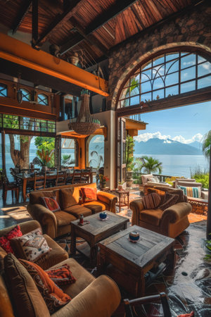 luxury home on a beach and pool in tropical landscapes with designer interiors and recycled furniture.Sustainable luxury architectureの素材