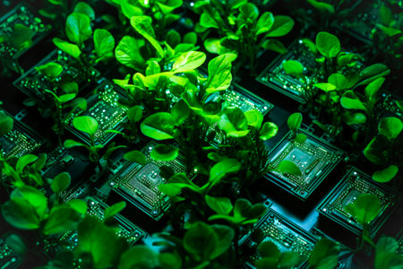 Generative AI illustration of green small plants growing on computer chip representing genetic engineeringの素材
