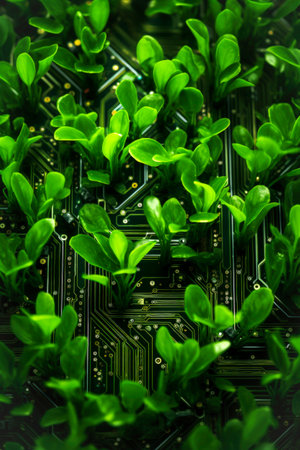 Generative AI illustration of green small plants growing on computer chip representing genetic engineeringの素材