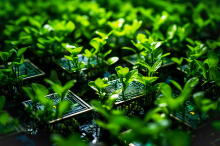 Generative AI illustration of green small plants growing on computer chip representing genetic engineeringの素材