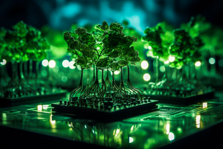 Generative AI illustration of green small plants growing on computer chip representing genetic engineeringの素材
