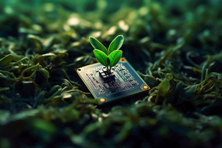 Generative AI illustration of green small plants growing on computer chip representing genetic engineeringの素材