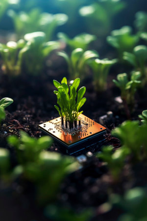 Generative AI illustration of green small plants growing on computer chip representing genetic engineeringの素材