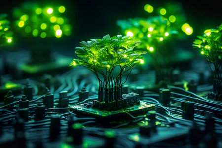 Generative AI illustration of green small plants growing on computer chip representing genetic engineeringの素材