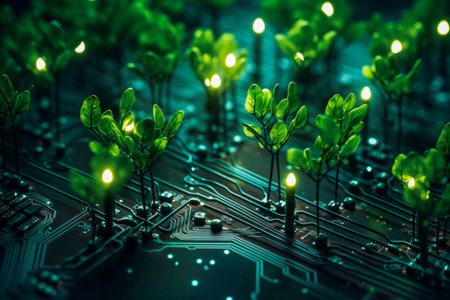 Generative AI illustration of green small plants growing on computer chip representing genetic engineeringの素材