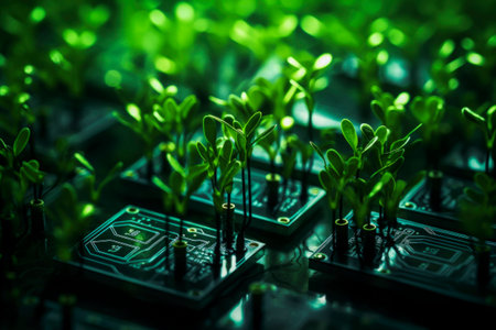 Generative AI illustration of green small plants growing on computer chip representing genetic engineeringの素材