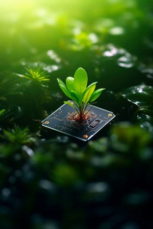 Generative AI illustration of green small plants growing on computer chip representing genetic engineeringの素材