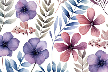 Generative AI Illustration of Background of flowers and plants with backgrounds of various colors digital art illustration styleの素材