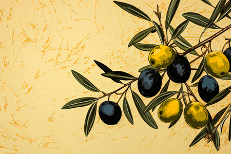 Generative AI Background illustration of green and black olives with coy space. Minimalist illustration style with colorful backgroundsの素材