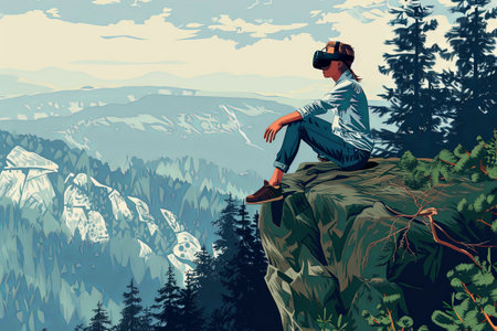 Vector illustration of a young man with virtual glasses, immersed in the virtual world and sitting on the precipice of a mountain. nature conceptの素材
