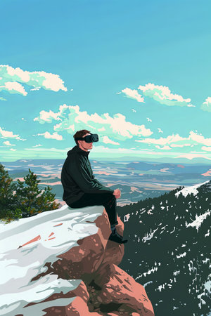 Vector illustration of a young man with virtual glasses, immersed in the virtual world and sitting on the precipice of a mountain. nature conceptの素材