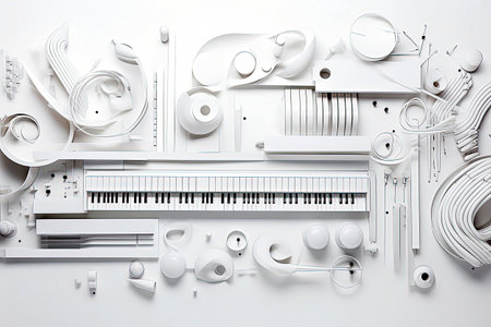 Generative AI illustration of Abstract background of music themes on white background with musical instruments. Digital artの素材