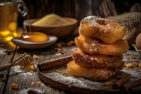 Delicious Homemade typical Spanish torrijas on a rustic wooden table surrounded by its ingredients. Bread, honey, eggs, sugar, cinnamon sticks and milk. Spanish Dessertの素材