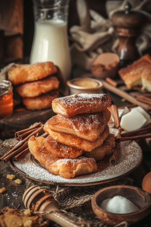 Delicious Homemade typical Spanish torrijas on a rustic wooden table surrounded by its ingredients. Bread, honey, eggs, sugar, cinnamon sticks and milk. Spanish Dessertの素材