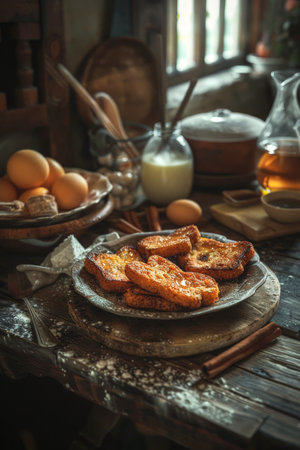 Delicious Homemade typical Spanish torrijas on a rustic wooden table surrounded by its ingredients. Bread, honey, eggs, sugar, cinnamon sticks and milk. Spanish Dessertの素材