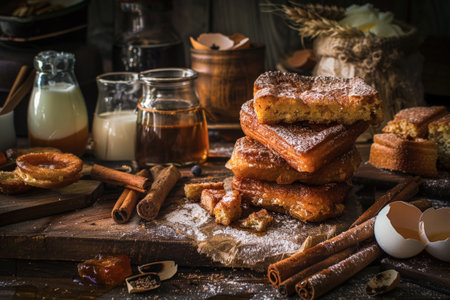 Delicious Homemade typical Spanish torrijas on a rustic wooden table surrounded by its ingredients. Bread, honey, eggs, sugar, cinnamon sticks and milk. Spanish Dessertの素材
