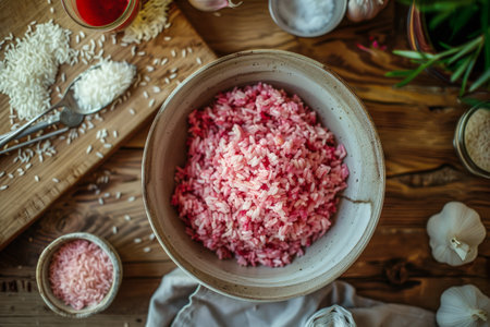 Background of new and healthy pink rice with ingredients for a recipe. Healthy food. Vegan foodの素材