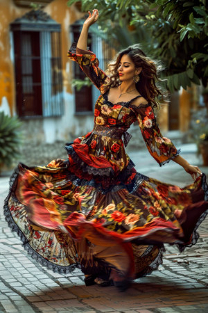 Typical Spanish dancer dancing flamenco with a sensation of movement and typical costume through the streets of Seville on a sunny dayの素材