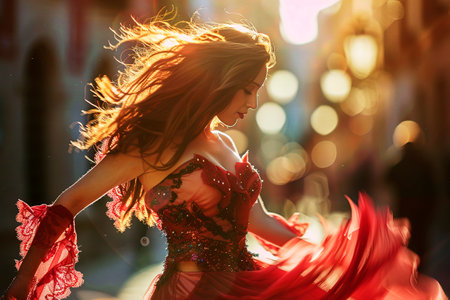 Typical Spanish dancer dancing flamenco with a sensation of movement and typical costume through the streets of Seville on a sunny dayの素材