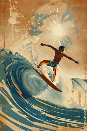 a surfboarder is riding a wave in front of the sun, in the style of advertising. modernist illustrationの素材