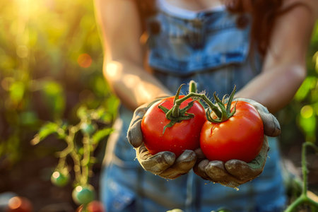 Young and happy woman is kneeling in her organic garden, watering and collecting the red and ecological tomatoes. Sustainable and healthy agricultureの素材