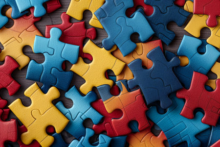 Background of a puzzle pattern with diverse, colorful pieces. Wallpaper. Digital artの素材