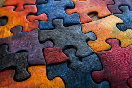 Background of a puzzle pattern with diverse, colorful pieces. Wallpaper. Digital artの素材