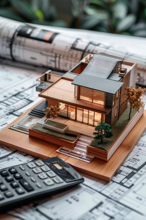 Architectural photo of a house model on the top of blueprints and pencils- Real Estate advertisingの素材