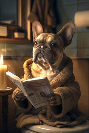 Dog wearing a bathrobe and reading a newspaper while sitting on a toilet in a bathroom.Anthropomorphic animalの素材